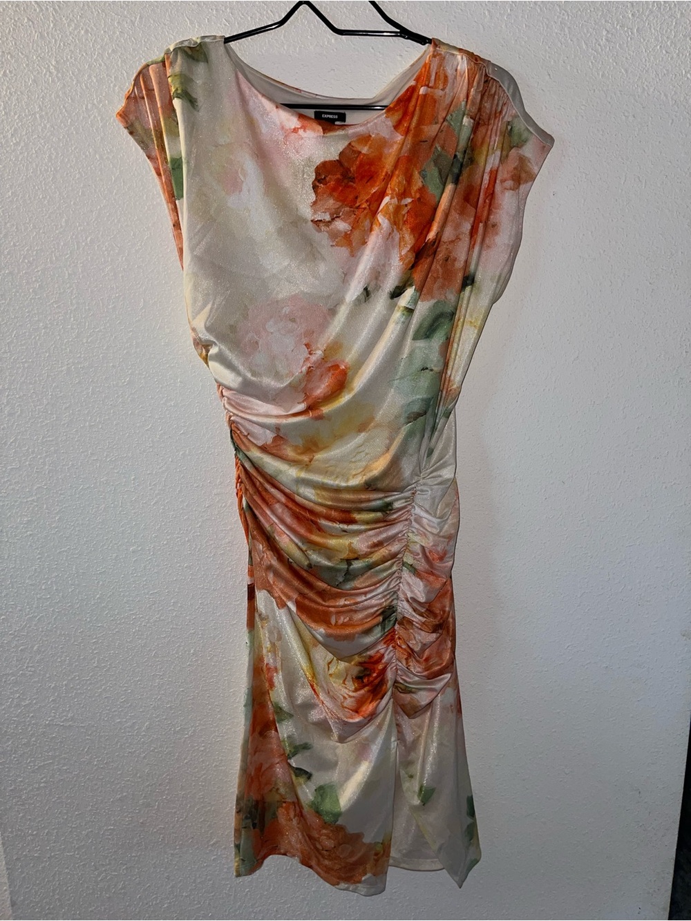 Express Floral Ruched Midi Dress in Orange, Cream and Green